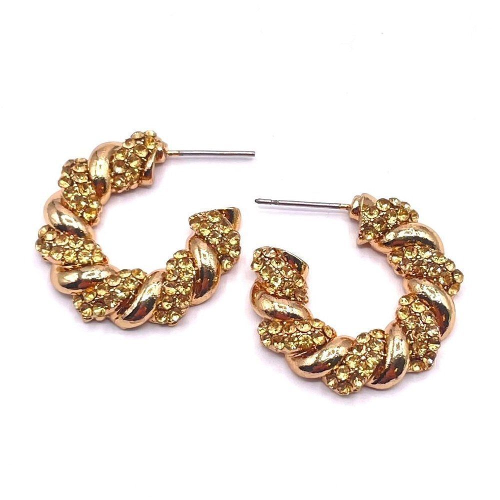 Yellow Gold with Champagne Crystal Twisted Rope Hoop Post Back Earrings